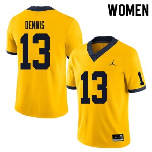 Women Wolverines #13 Eamonn Dennis Yellow Player Jersey 917549-787