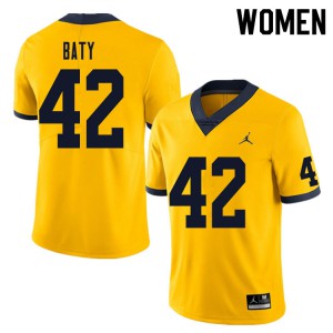 Women's Wolverines #42 John Baty Yellow Official Jersey 700624-792
